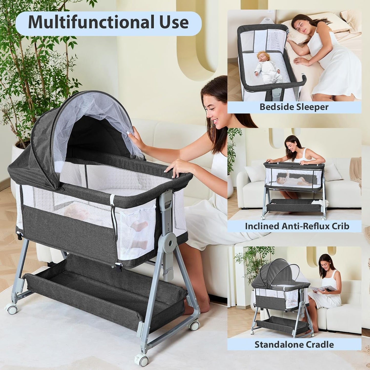 3-in-1 Baby Bassinet Bedside Sleeper with Wheels Bedside Bassinet for Newborn and Infant with Mattress and Storage Basket | Adjustable Height & Angle (13.5-18") | ASTM/CPSIA Certified (Pink)