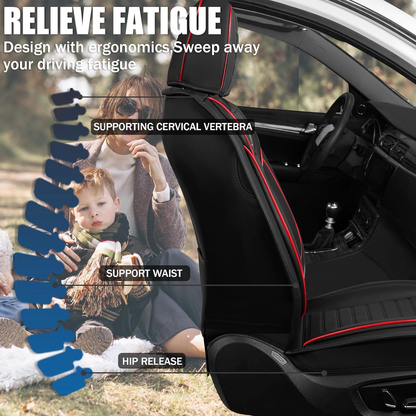 Seat Covers Fit for Mini Convertible 2009-2025 Premium Leather Car Seat Covers, Waterproof Non-Slip and Airbag Compatible, Fashion Car Seat Protector (Black Red,Front Set with Pillow)