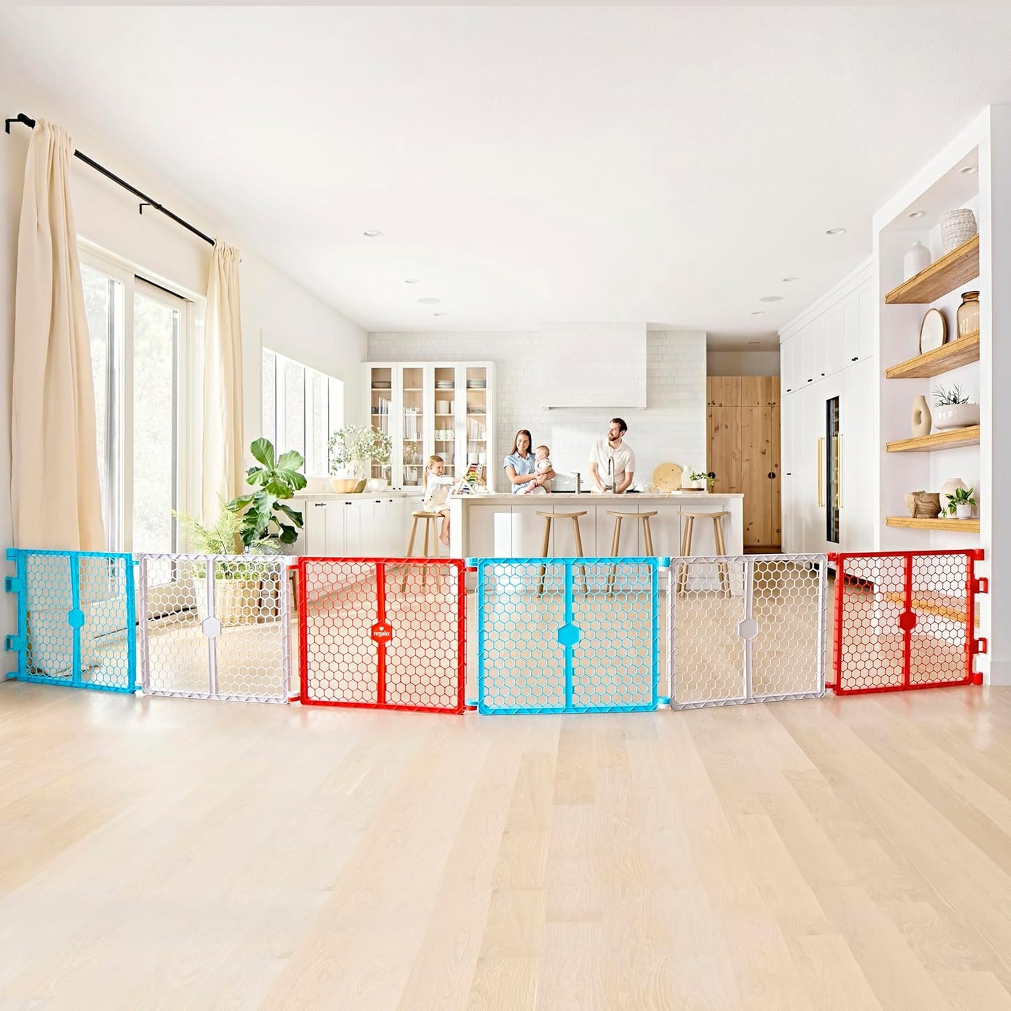 Regalo Safety 192" Super Wide Baby Gate & Play Yard, 2-in-1 Adjustable Playpen for Babies, Toddlers & Pets, Includes Wall Mount Kit, Plastic, Gray