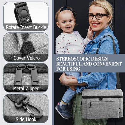 Universal Baby Stroller Organizer Large Space with Insulated Cup Holder Detachable Diaper Bag Adjustable Shoulder Strap Fits All Strollers (grey)