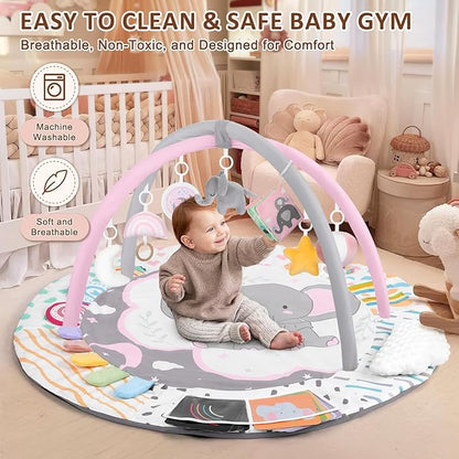 Baby Play Gym & Activity Mat, Tummy Time Mat with Cloud Toy, 7 Detachable Sensory Toys and Educational Cards for Motor Skills & Sensory Development, Baby Essentials Shower Gift, Pink Elephant