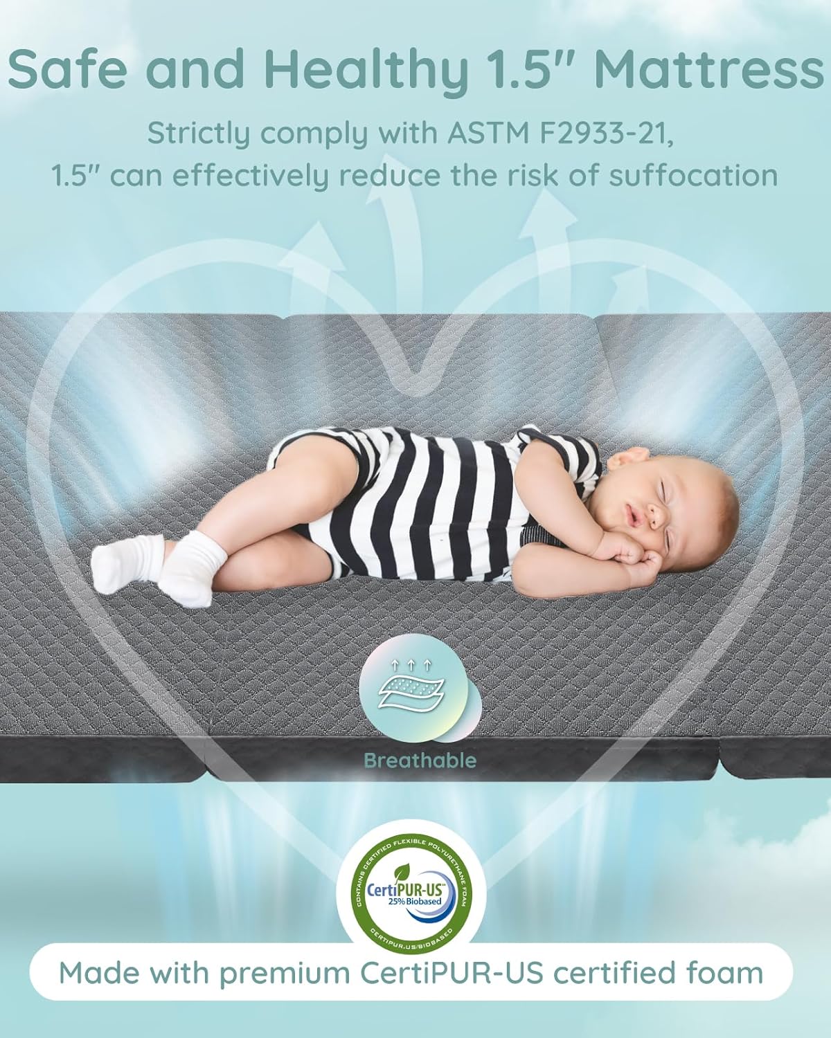 Lilian&Gema Pack and Play Mattress 38"x26"x1.5", Pack N Play Mattresses Pad for Play Pen and Playard, Premium Foam Playpen Mattress Topper with Washable Cover & Traveling Bag for Baby Toddler