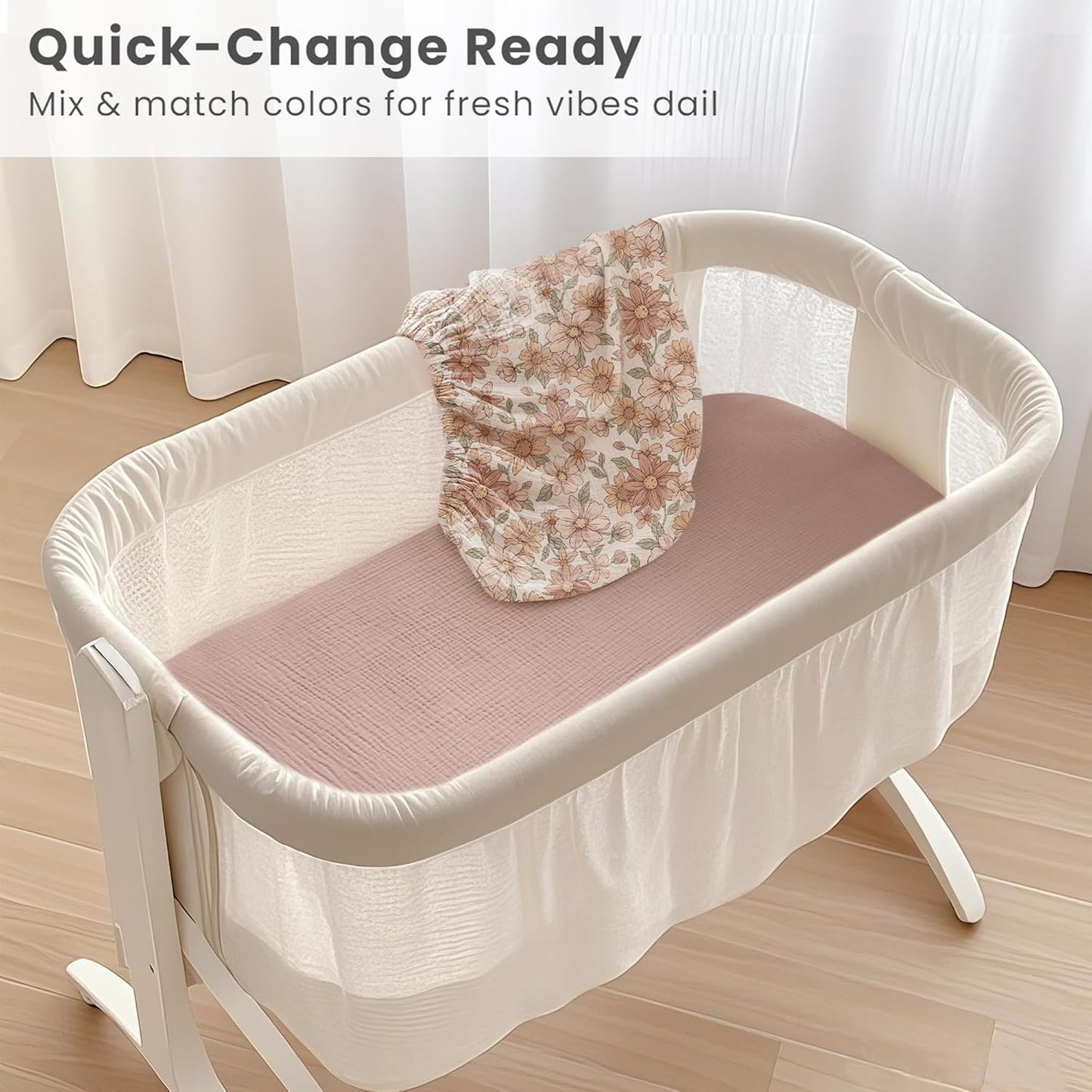 Konssy Muslin Fitted Bassinet Sheets 2 Pack for Baby Girl Boy, Soft Bedside Sleeper Bassinet Sheets Fit for Baby Bassinets, Moses Basket Oval Rectangle Pad/Mattress