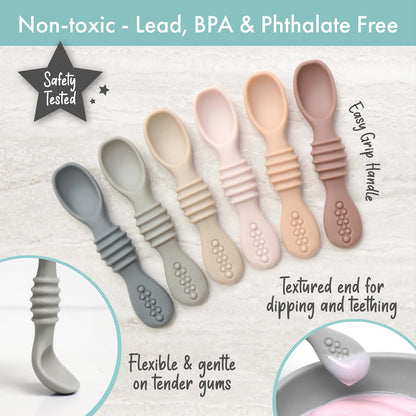PrimaStella Silicone Chew Spoon Set for Babies and Toddlers | Safety Tested | BPA Free | Baby Spoon 6 Pack (Blue/Green)