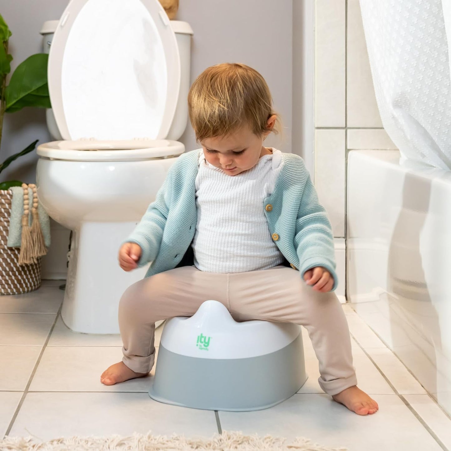 Ingenuity Ready Set Go Potty Training Toilet, Removable Bowl, Non-Skid Bottom, Wide Stable Base, Age 18 Months & Up, White & Grey
