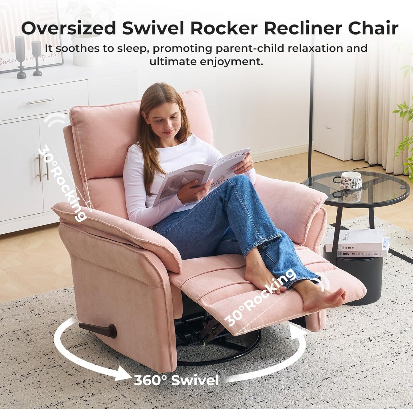 Oversized Glider Rocker Recliner, 26" Extra Wide 360° Swivel Nursery Recliner with Adjustable Headrest, Chenille Rocking Nursery Chair with Overstuffed Armrest, Lumbar Support, Light Grey