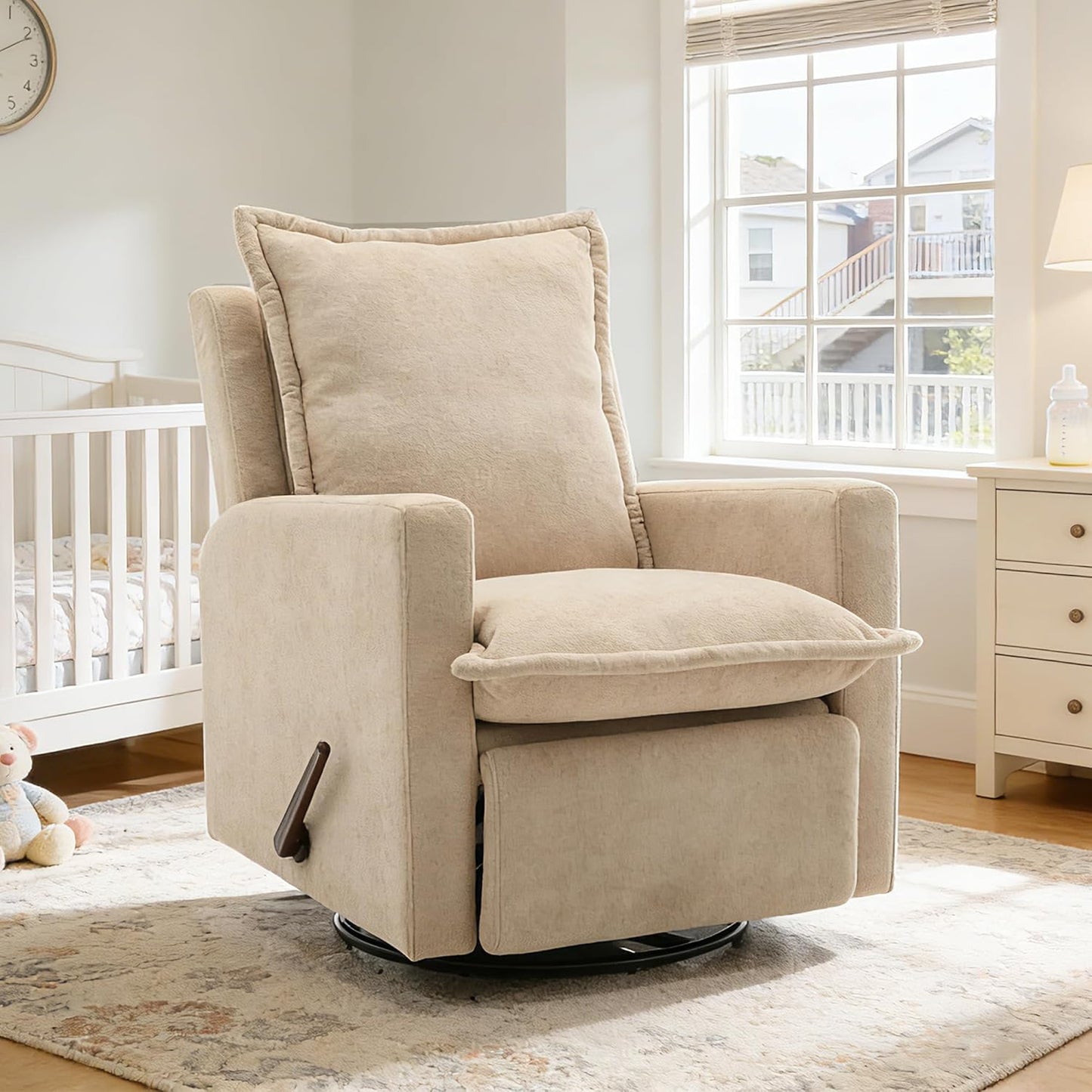 Euthymia Swivel Rocking Chair Nursery, High Back Glider Rocker Recliner Chair for Small Spaces, Manual Reclining Sofa for Living Room, Bedroom, Beige