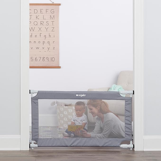 Regalo Safety 27.5-50” Extra Wide Mesh Baby Gate for Doorways & Hallways, Expandable Pressure Mounted Baby Gate for Toddlers & Pets, Includes Rubber Bumpers, Gray