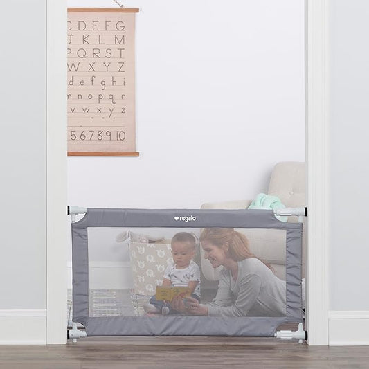 Regalo Safety 27.5-50” Extra Wide Mesh Baby Gate for Doorways & Hallways, Expandable Pressure Mounted Baby Gate for Toddlers & Pets, Includes Rubber Bumpers, Gray