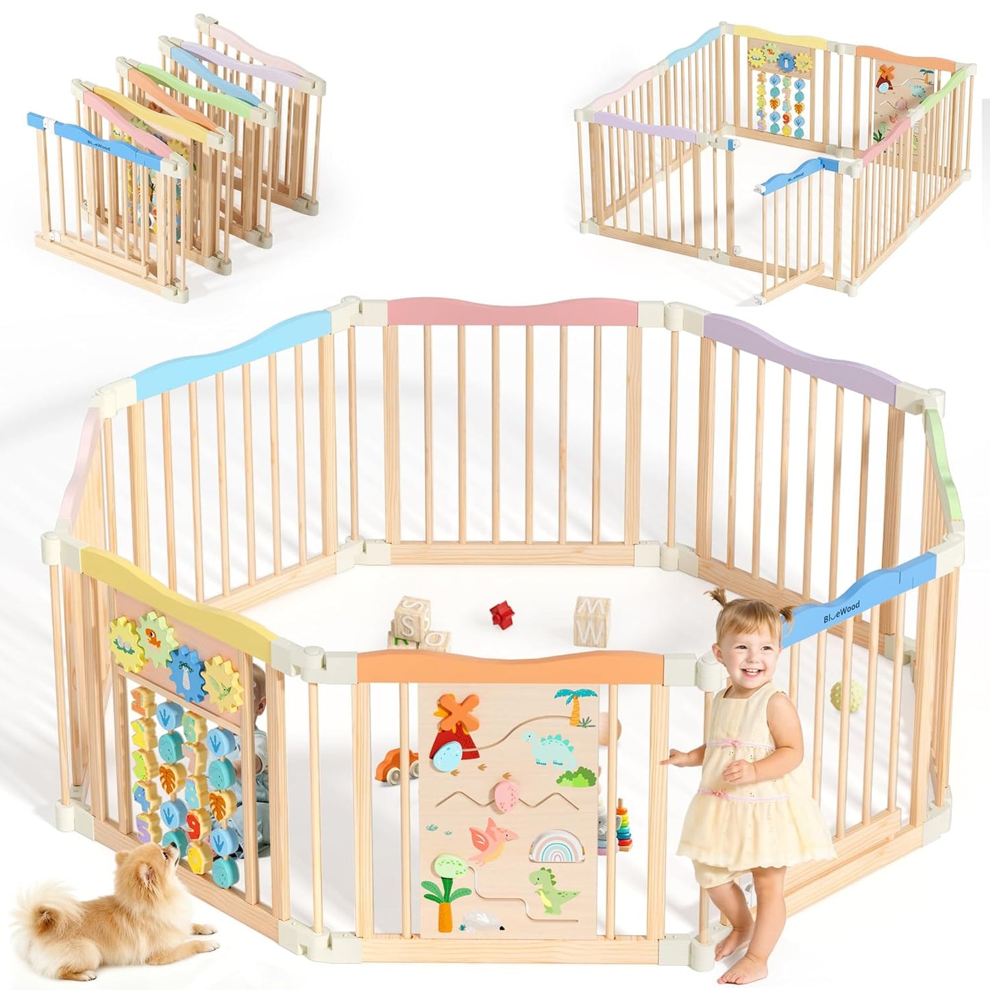 Foldable Wooden Playpen - Adjustable Wood Baby Play Yard with Child-Proof Lock, Indoor Large Safety Fence for Babies and Toddlers - Easy Assembly, 55 x 55 x 24 inches, Dino Land, Colorful