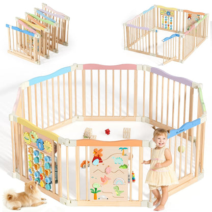 Foldable Wooden Playpen - Adjustable Wood Baby Play Yard with Child-Proof Lock, Indoor Large Safety Fence for Babies and Toddlers - Easy Assembly, 55 x 55 x 24 inches, Dino Land, Colorful
