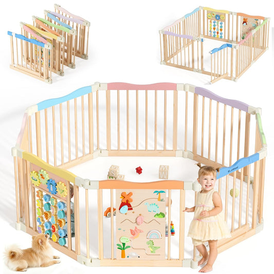 Foldable Wooden Playpen - Adjustable Wood Baby Play Yard with Child-Proof Lock, Indoor Large Safety Fence for Babies and Toddlers - Easy Assembly, 55 x 55 x 24 inches, Dino Land, Colorful