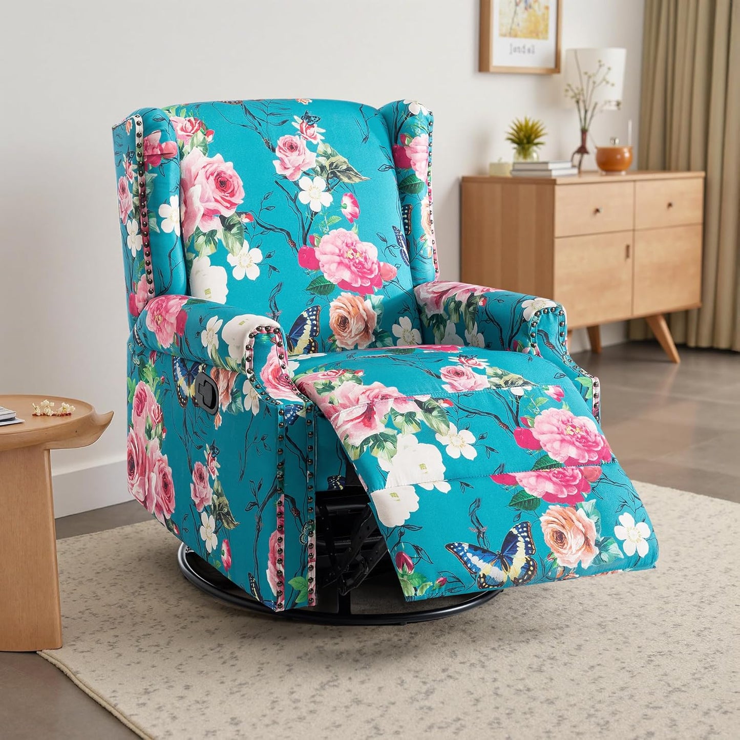 Swivel Rocker Recliner Chair, Manual Nursery Glider Recliner, Floral Fabric Wingback Accent Chair with Adjustable Backrest & Footrest for Small Spaces Living Room Bedroom (Plants Floral, Set of 1)