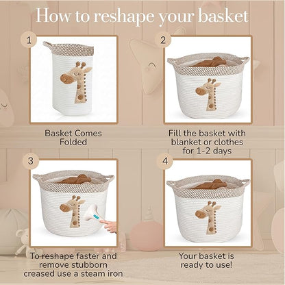 Giraffe Storage Basket for Nursery – Large 15”x11” Cotton Rope Bin with Soft Felt Animal Patch – Toy Organizer, Baby Laundry Hamper, Diaper & Towel Holder – Foldable, Washable & Baby-Safe