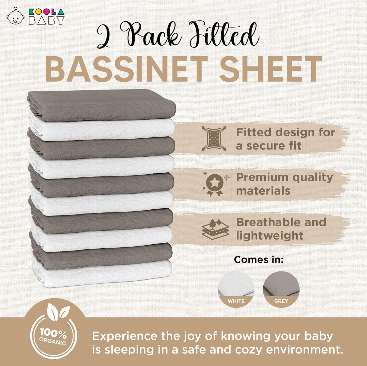 Bassinet Sheet for Bassinet Mattress - 100% Organic Jersey Knit Cotton - Snuggly Soft & Cozy Sheets Fitted for Oval Rectangle & KoolaBaby Bedside Sleeper - White & Grey 2 Pack