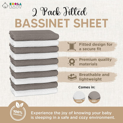 Bassinet Sheet for Bassinet Mattress - 100% Organic Jersey Knit Cotton - Snuggly Soft & Cozy Sheets Fitted for Oval Rectangle & KoolaBaby Bedside Sleeper - White & Grey 2 Pack