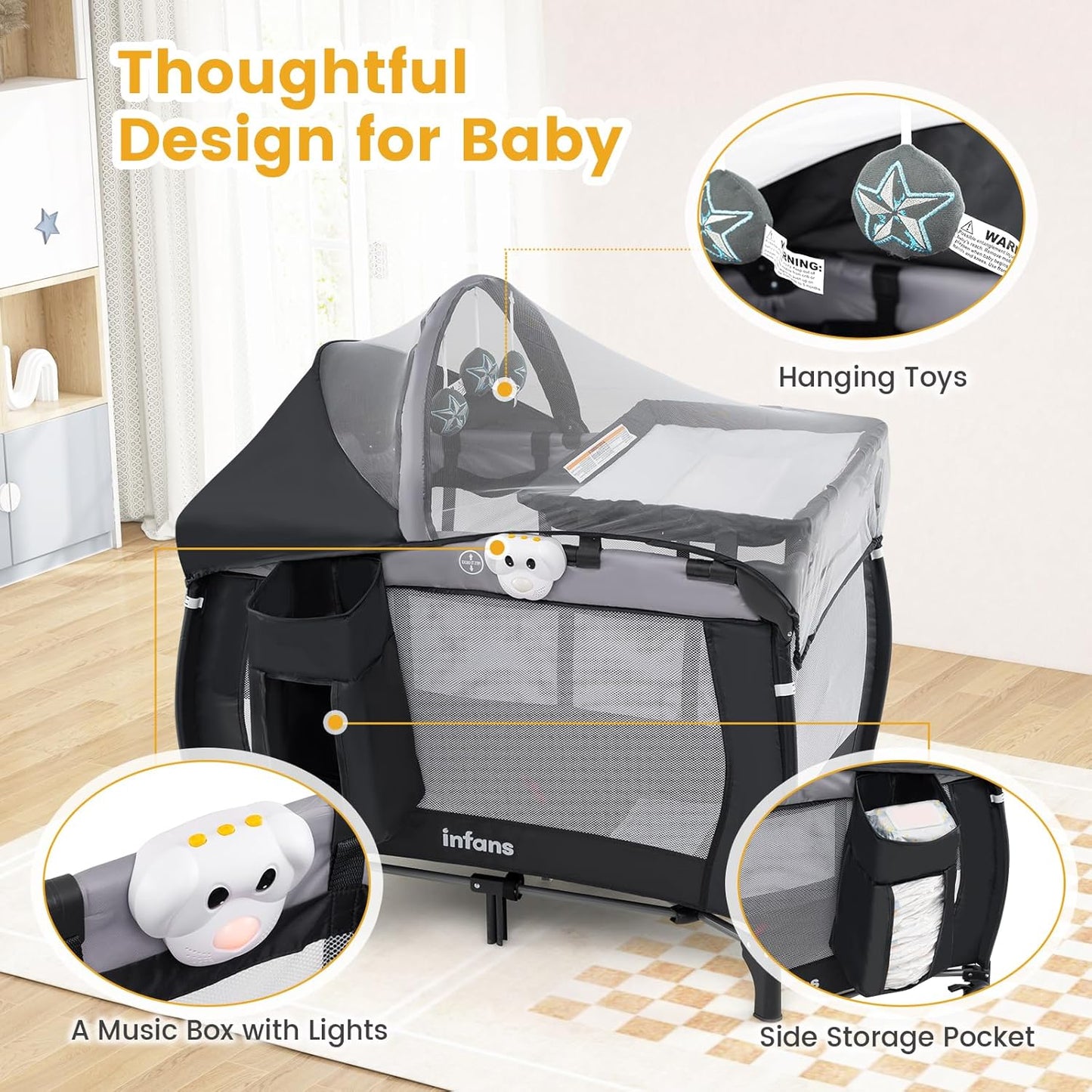 INFANS 4 in 1 Pack and Play, Portable Travel Baby Playard with Bassinet, Changing Table, Canopy, Mosquito Net, Hanging Toys, Music Box, Storage Bag, Large Playpen from Newborn to Toddlers (Pink)