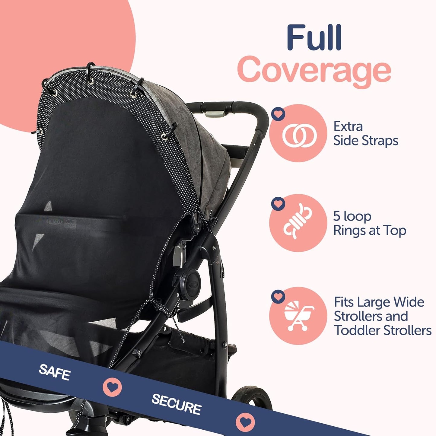 Stroller Sun Shade Extender – Universal Clip-On Baby Stroller Sun Shade Cover, UV Protection, Breathable See-Through Mesh, Adjustable Fit, Large Black