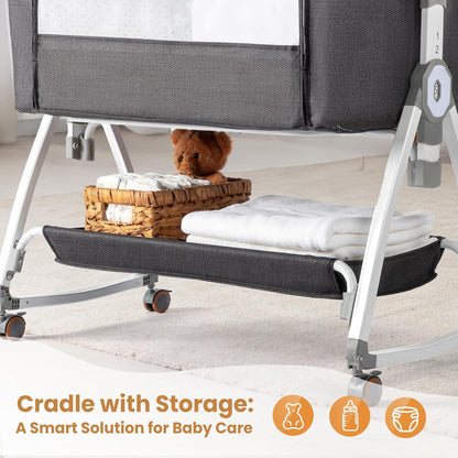 JOYMOR 3 in 1 Baby Bassinet, Bedside Bassinet for Baby, with Comfy Mattress and Wheels, 6 Height Adjustable Easy Folding Portable Bedside Crib for Newborn (Black)