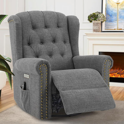 VIVIJASON Power Swivel Rocking Recliner Chair with Massage & Heat, Electric Rocker Nursery Glider Chair, Wingback Tufted Upholstered Recliner W/Type-C & USB Ports for Living Room, Bedroom, Beige