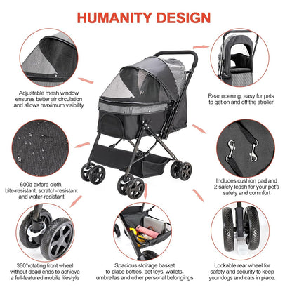 Lightweight Dog Stroller with Reversible Handle for Medium Small Dogs and Cats, Foldable Pet Stroller Travel Carriage with Large Storage Basket, 4 Wheels, Black