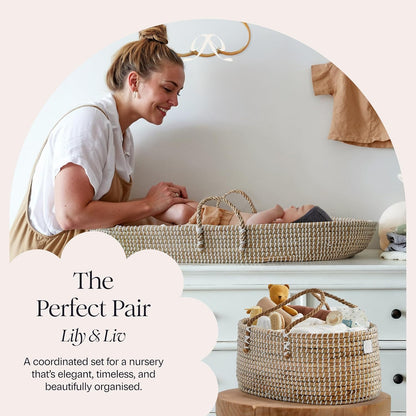 BEBE BASK Premium Baby Diaper Caddy Organizer - Handmade - Seagrass Basket With Cotton Divider - Award-Winning & Luxury Diaper Caddy Basket - White (NATURAL)