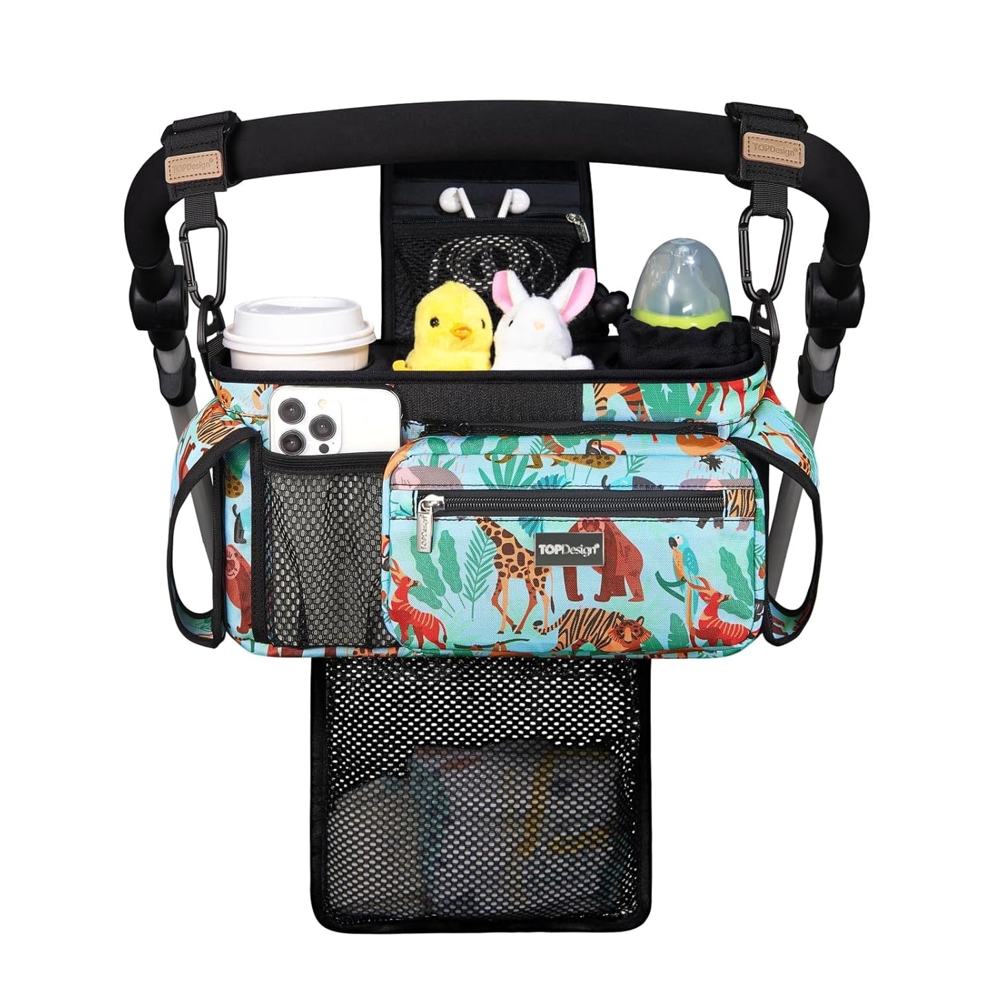 TOPDesign Universal Baby Stroller Organizer, Stroller Caddy with Detachable Mesh Bag & Heightened Insulated Cup Holders & Non-Slip Secure Hooks Accessories, Fits Most Strollers (Checkerboard) - Colors A