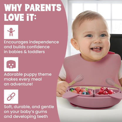 Baby Feeding Essentials, Baby Led Weaning Supplies, Silicone Baby Feeding Set, with Baby Spoon, Fork, Baby Bib, Sippy Cup, Suction Plate, Suction Bowl, Baby Eating Essentials, 6+ Months (Beige)