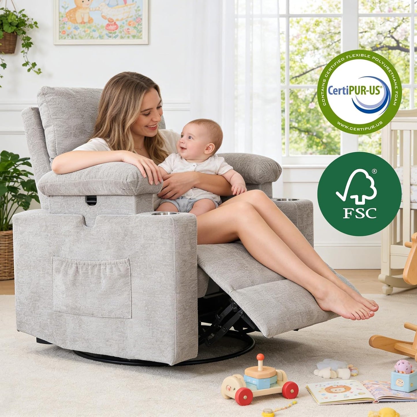 Rocking Chair Nursery with Adjustable Armrest for Breastfeeding, Glider Recliner Nursery Chair with Massage and Heat, Power Swivel Rocker Recliner with Adjustable Headrest, Corduroy, Beige