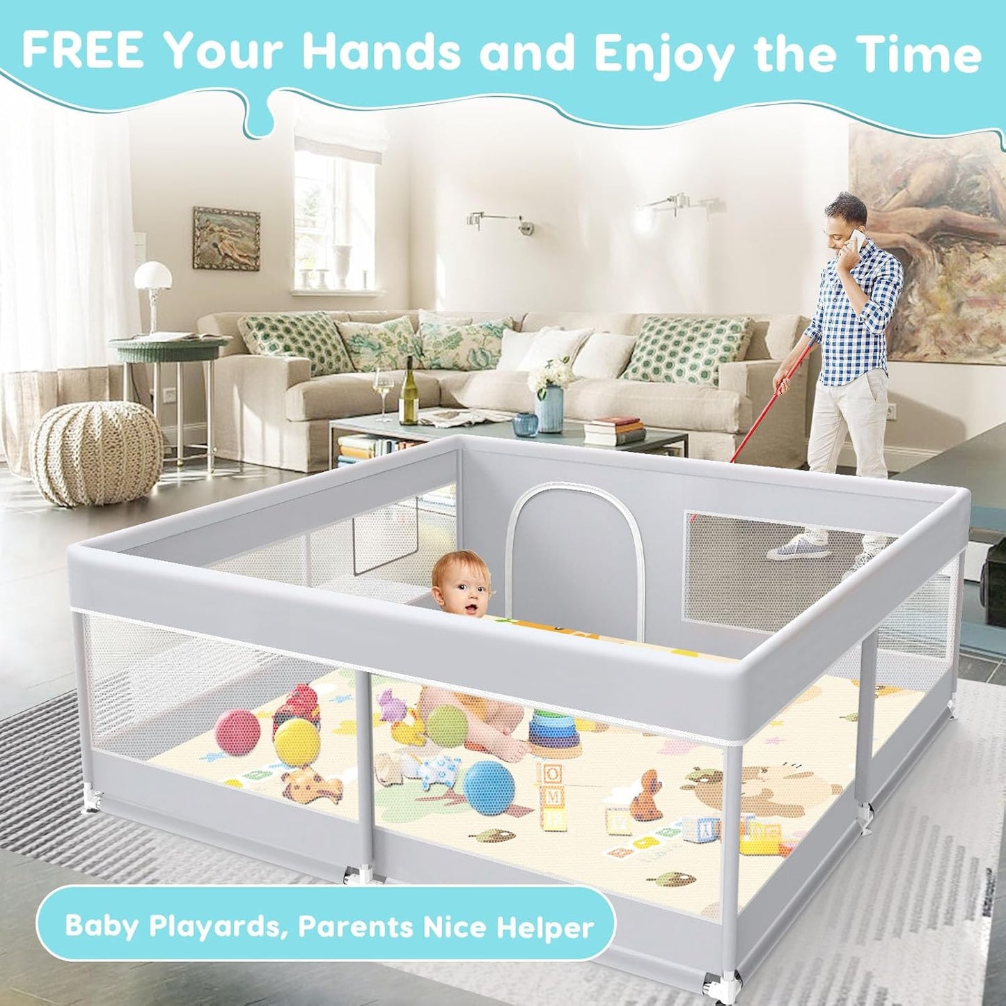 Fshibila Baby Playpen, 50x50 Inch Baby Playard for Babies and Toddlers, Play Pens for Indoor & Outdoor, Sturdy Safety Play Yard with Soft Breathable Mesh, Anti-Fall, Grey