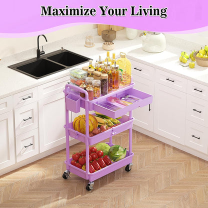 SUNALLY 3 Tier Rolling Cart with Drawer, Bathroom Storage Organizer with 2 Lockable Wheels, Multifunctional Rolling Storage Cart for Bathroom, Kitchen, Office, Craft, Makeup, Baby Essentials, White