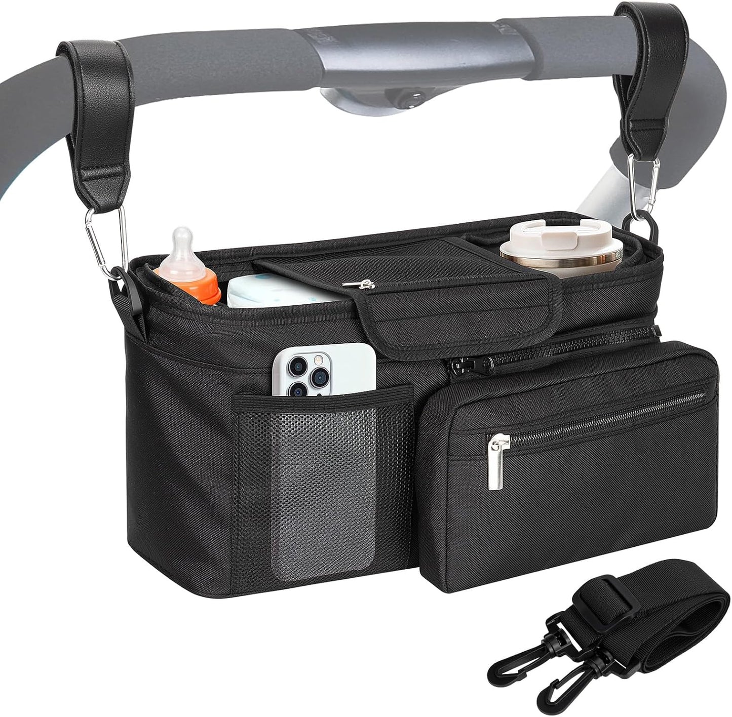 Universal Stroller Organizer Bag, Stroller Caddy with Insulated Cup Holders & Detachable Phone Bag and Shoulder Strap, Stroller Bag for Baby Accessories Fits Most Strollers On Travel, Walks (Black)