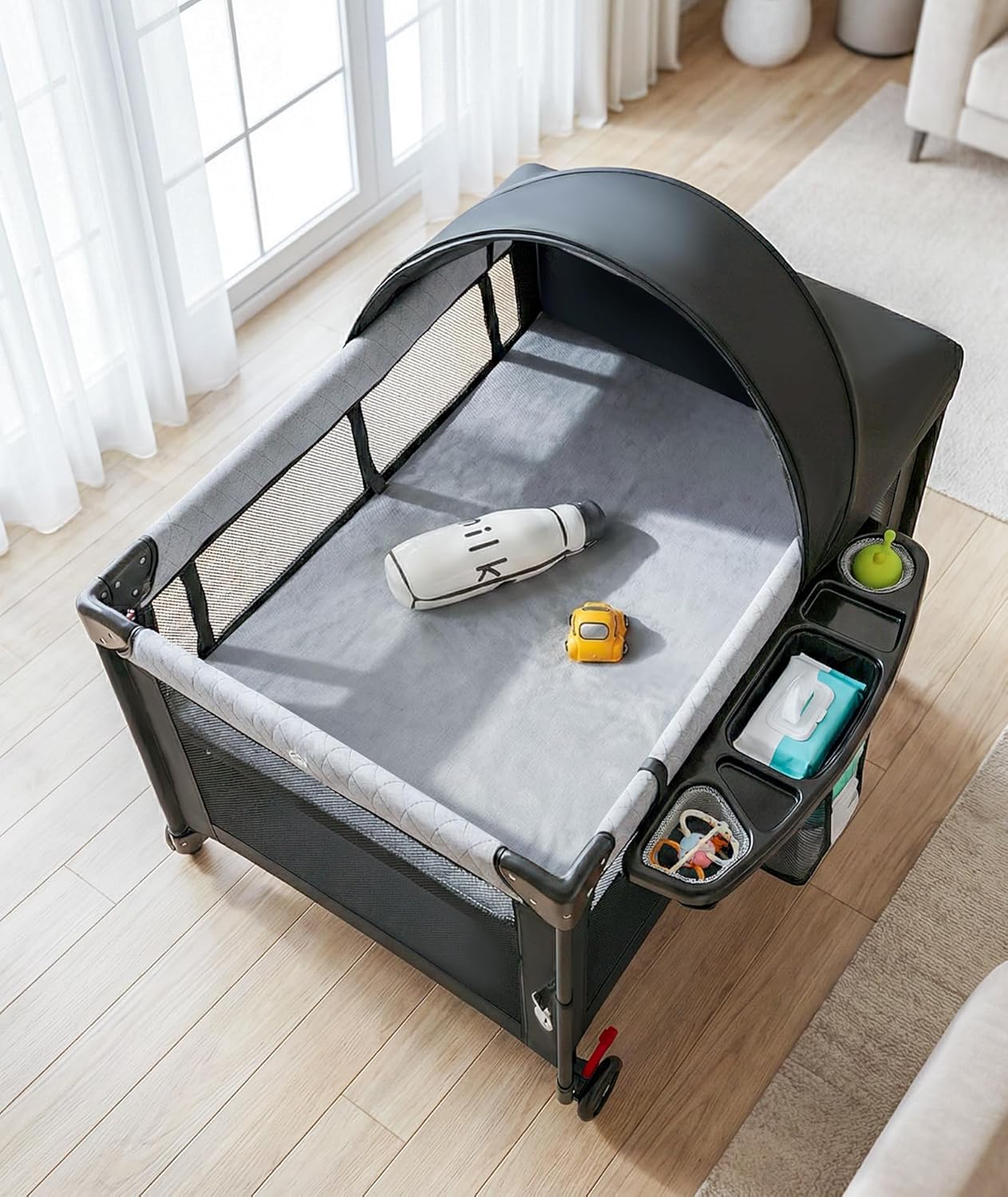 4 in 1 Baby Bassinet Bedside Crib with One-Hand Setup & Waterproof Mattress – ASTM-Certified Pack and Play, Portable Foldable Playard with Diaper Changer for Newborn to Toddler(Black)