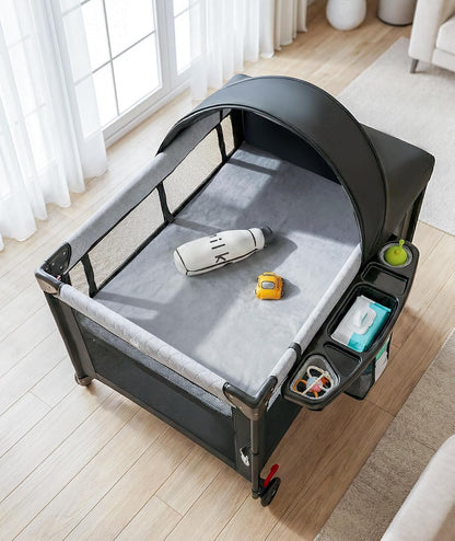 4 in 1 Baby Bassinet Bedside Crib with One-Hand Setup & Waterproof Mattress – ASTM-Certified Pack and Play, Portable Foldable Playard with Diaper Changer for Newborn to Toddler(Black)