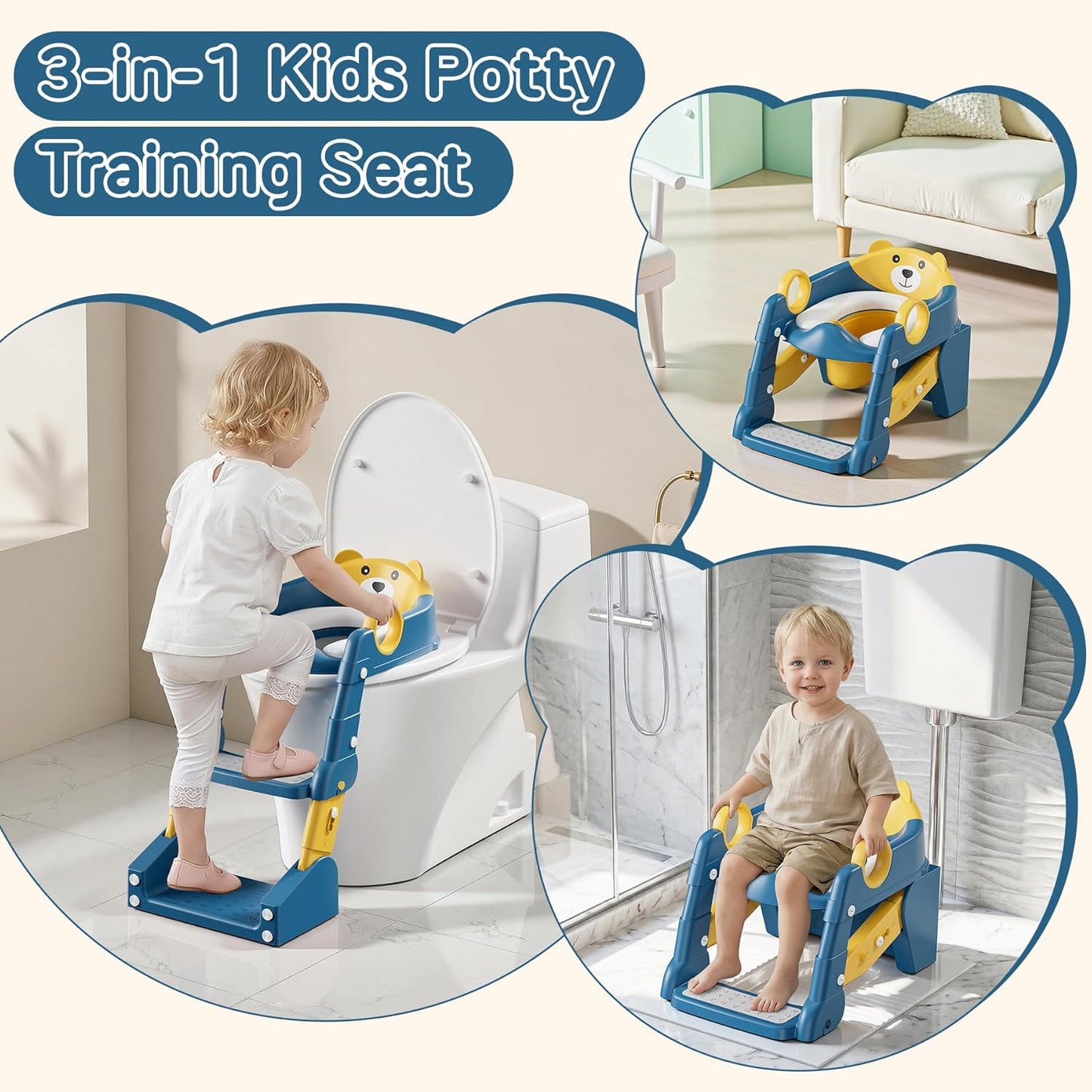 Potty Training Seat,Toddler Toilet Seat for Boys Girls,3-in-1 Potty Training Toilet and Chair with Step Stool Ladder,Anti-Slip Height Adjustable Foldable Splash Guard for Kids (Grey)