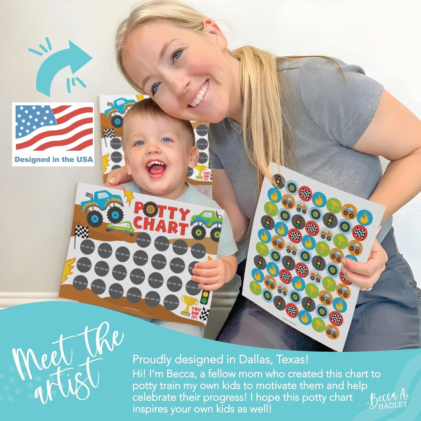 Hadley Designs Potty Training Chart for Toddlers Boys -10 Sticker Potty Chart for Toddlers Boys, 8.5x11" Potty Training Sticker Charts for Toilet Success, Monster Truck Toddler Reward Chart for Kids