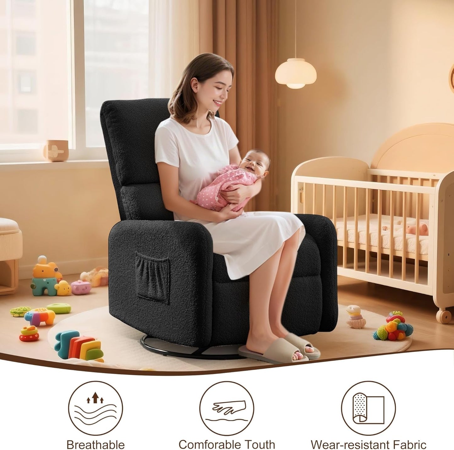 Korser 360° Rocking Chair, Nursery Rocker Chair with Side Pockets, Glider Nursing Chair with Steel Structure Base, Small Chair for Small Spaces, Sherpa Swivel Accent Chairs for Living Room, Nursing