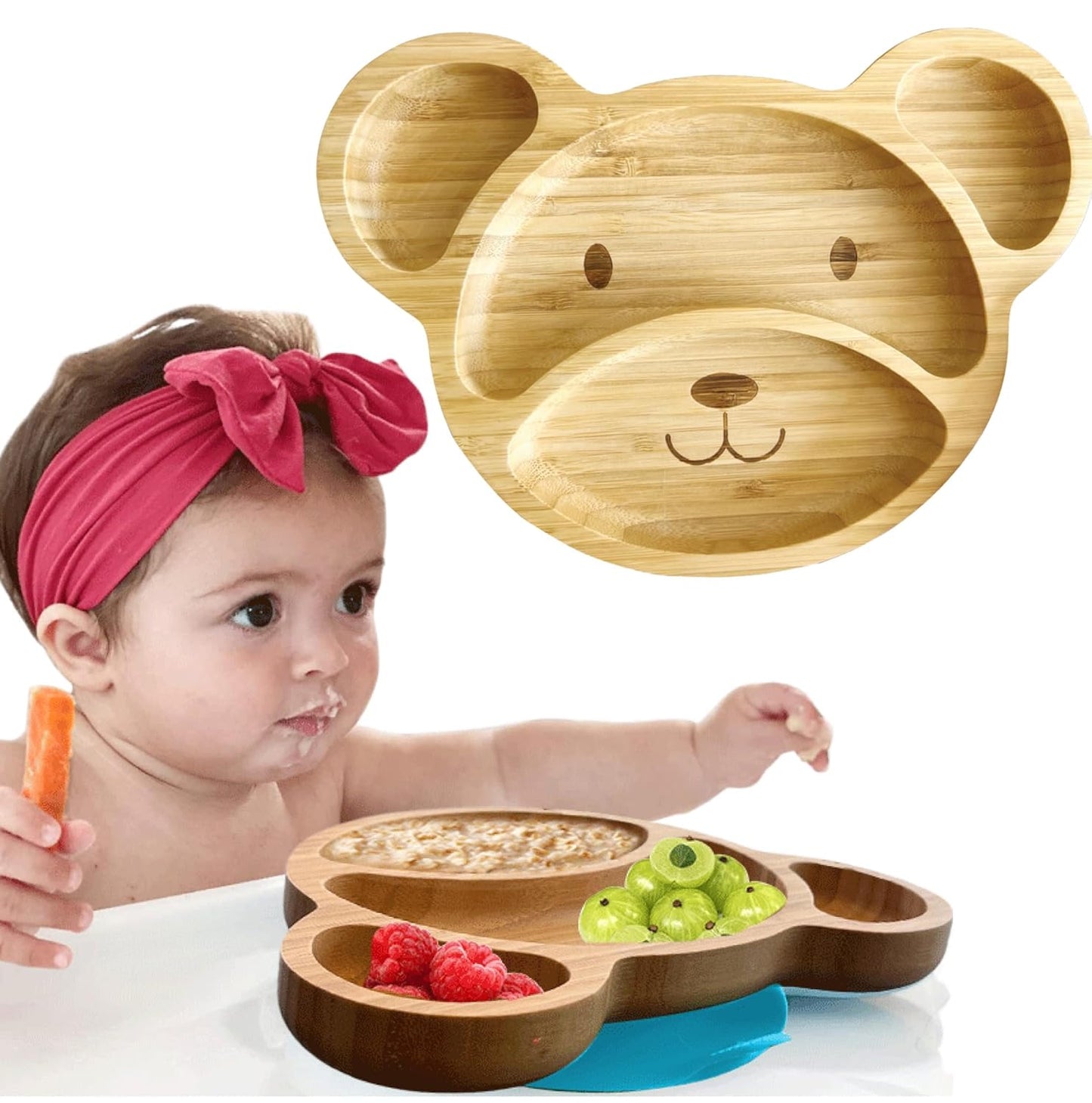 Bamboo Plates for Kids - Baby & Toddler Plates with Suction for Feeding & Weaning, Eco-Friendly Bear Design Promotes Self-Feeding, Ideal for Busy Moms & Dads, Sturdy & BPA-Free (Pink)