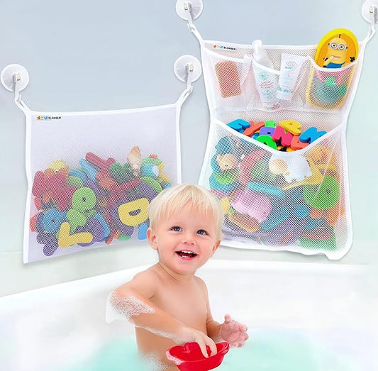 Bath Toy Storage Organizer for Bathtub – Large Mesh Bath Toy Holder & Bath Toy Net, Quick-Dry Hanging Bathroom Bag with 6 Strong Suction Cups, 4 Adhesive Hooks, Toy Holder for Tub & Shower, 2 Pack