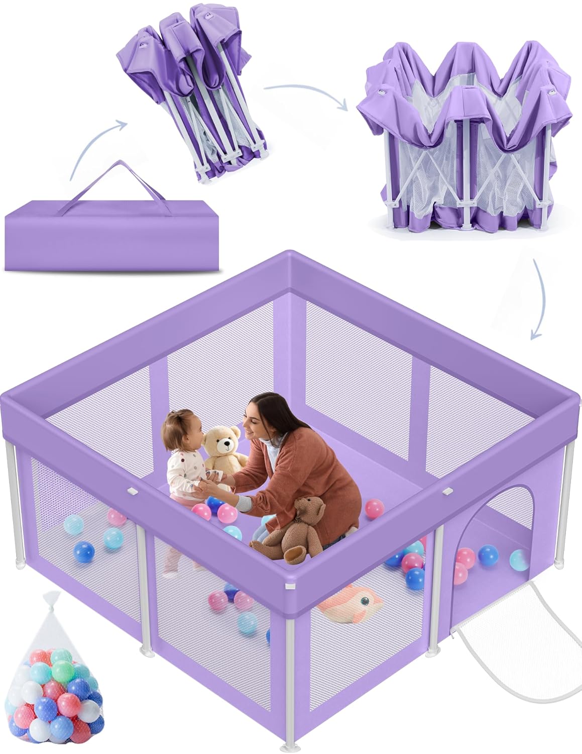 Foldable Baby Playpen 50"×50", Playard for Babies and Toddlers, Portable Safety Baby Fence Lightweight,No Installation, Indoor & Outdoor Playpen with Ocean Balls*50, Grey