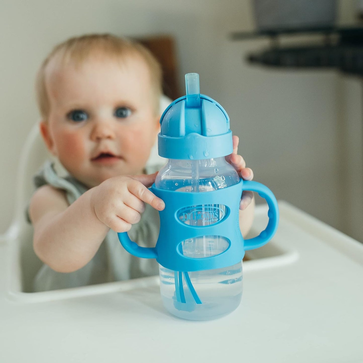 Dr. Brown's Milestones Wide-Neck Sippy Straw Bottle, Spill-Proof with 100% Silicone Handles and Weighted Straw, 9 oz/270 mL, Gray & Pink, 6m+, 2-Pack