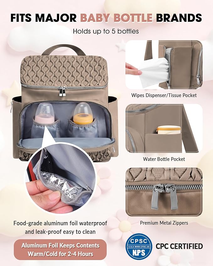 Diaper Bag Backpack, Large Baby Bag for Girl Boy, Travel Diaper Backpack with Insulated Pocket, Cute Diaper Bag Stroller Straps, Baby Shower & Registry Gift for Mom Dad Beige