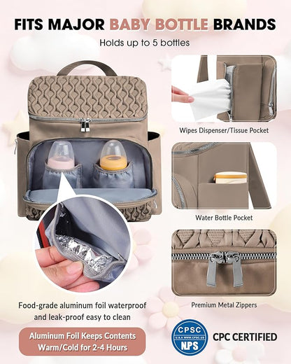 Diaper Bag Backpack, Large Baby Bag for Girl Boy, Travel Diaper Backpack with Insulated Pocket, Cute Diaper Bag Stroller Straps, Baby Shower & Registry Gift for Mom Dad Beige