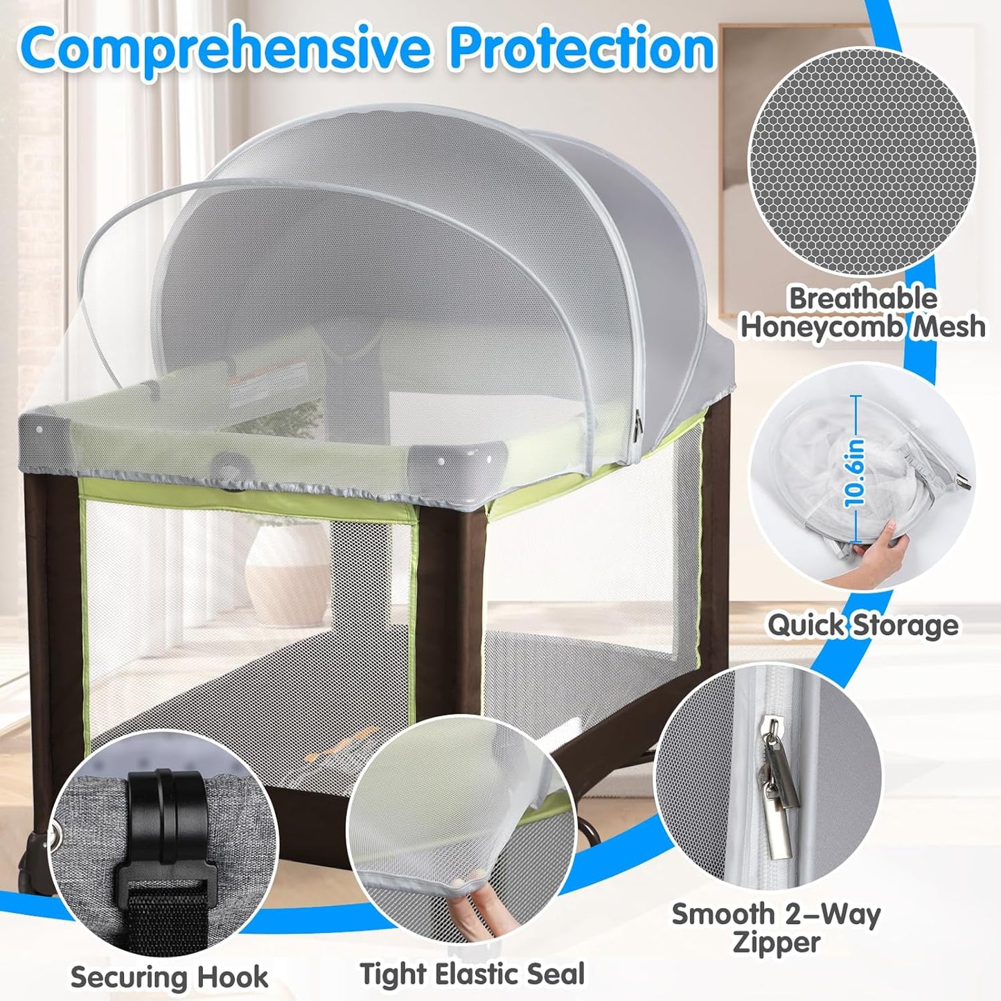 Bassinet Mosquito Net Cover - Half-Blackout Mosquito Net for Baby Crib & Bedside Sleeper, Breathable Crib net with 2-Way Zipper, Sun-Blocking Baby Mosquito Net Cover (Gray-Small)