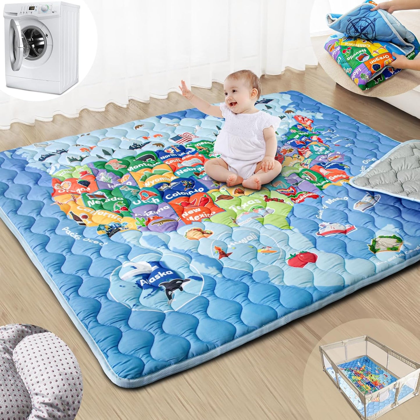 Baby Play Mat, 50x50 Playpen Mat with Super Soft Touch, Activity Mats with Upgraded Anti-Slip Bottom, Machine Washable Crawling Mats for Floor & Picnic (Animal Alphabets)