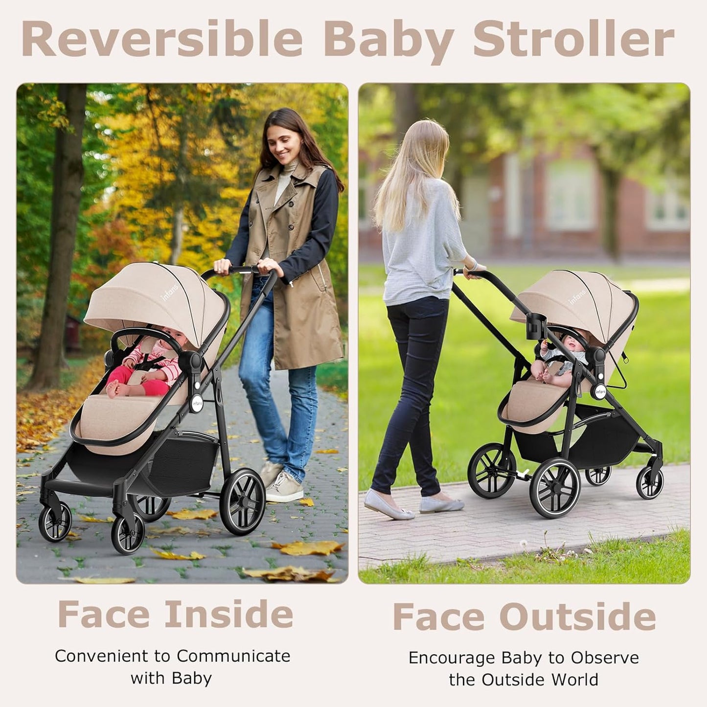 INFANS 2 in 1 Baby Stroller, High Landscape Infant Stroller & Reversible Bassinet Pram, Foldable Pushchair with Adjustable Canopy, Storage Basket, Cup Holder, Suspension Wheels (Black)