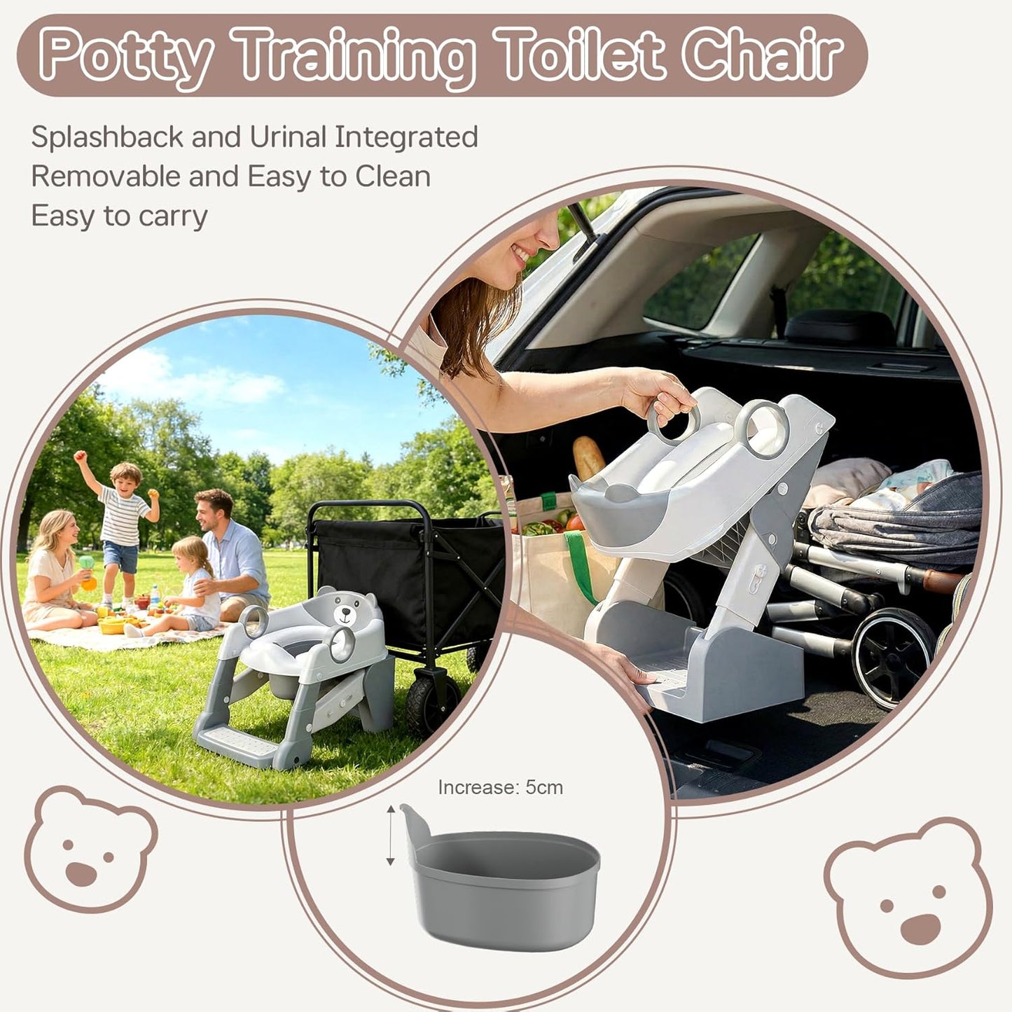 Potty Training Seat,Toddler Toilet Seat for Boys Girls,3-in-1 Potty Training Toilet and Chair with Step Stool Ladder,Anti-Slip Height Adjustable Foldable Splash Guard for Kids (Grey)