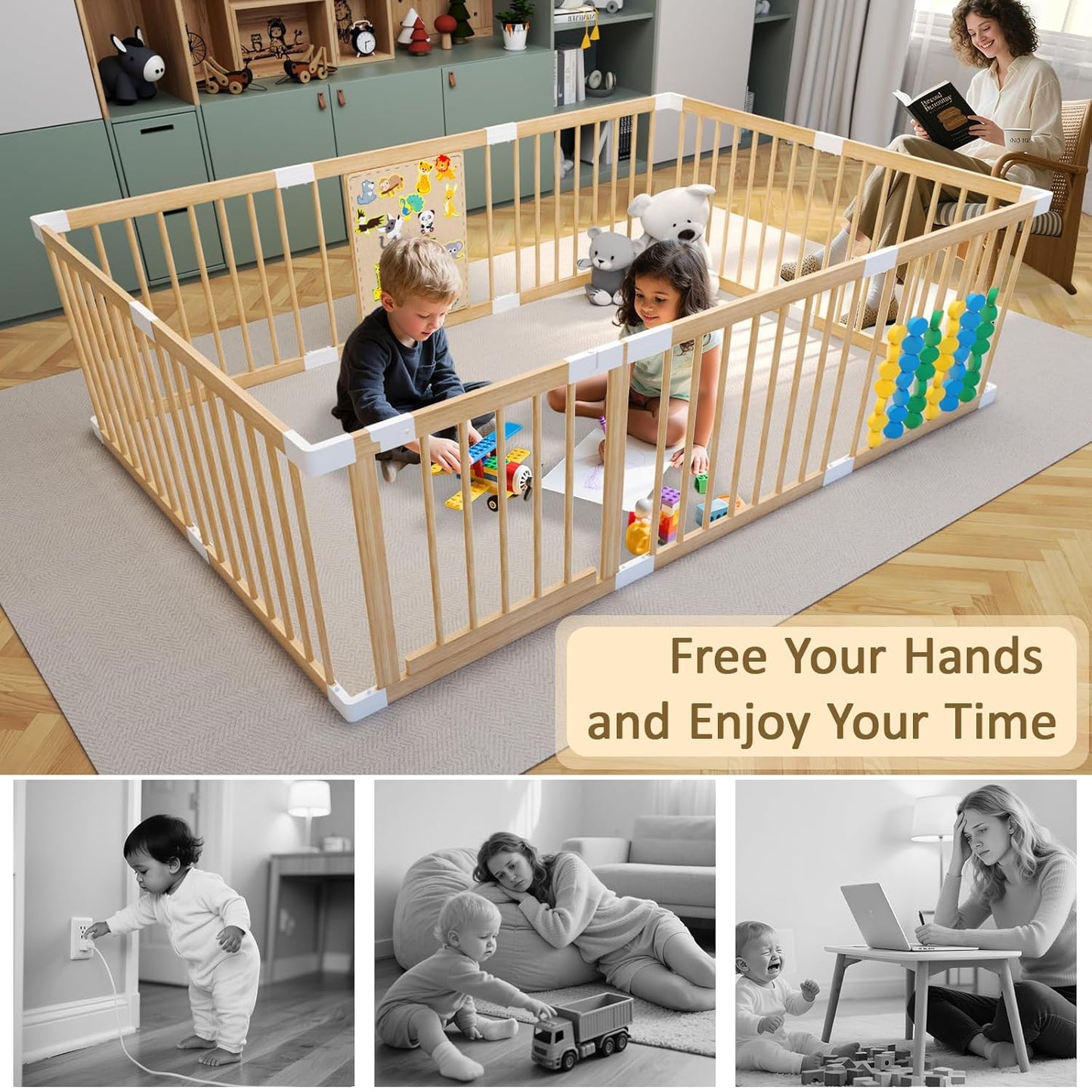 Extra Large Wooden Baby Playpen,Play Pen for Babies and Toddlers Kids Indoor,Security Playard Area Indoor,Easy to Assemble (73x73x24 Inch)