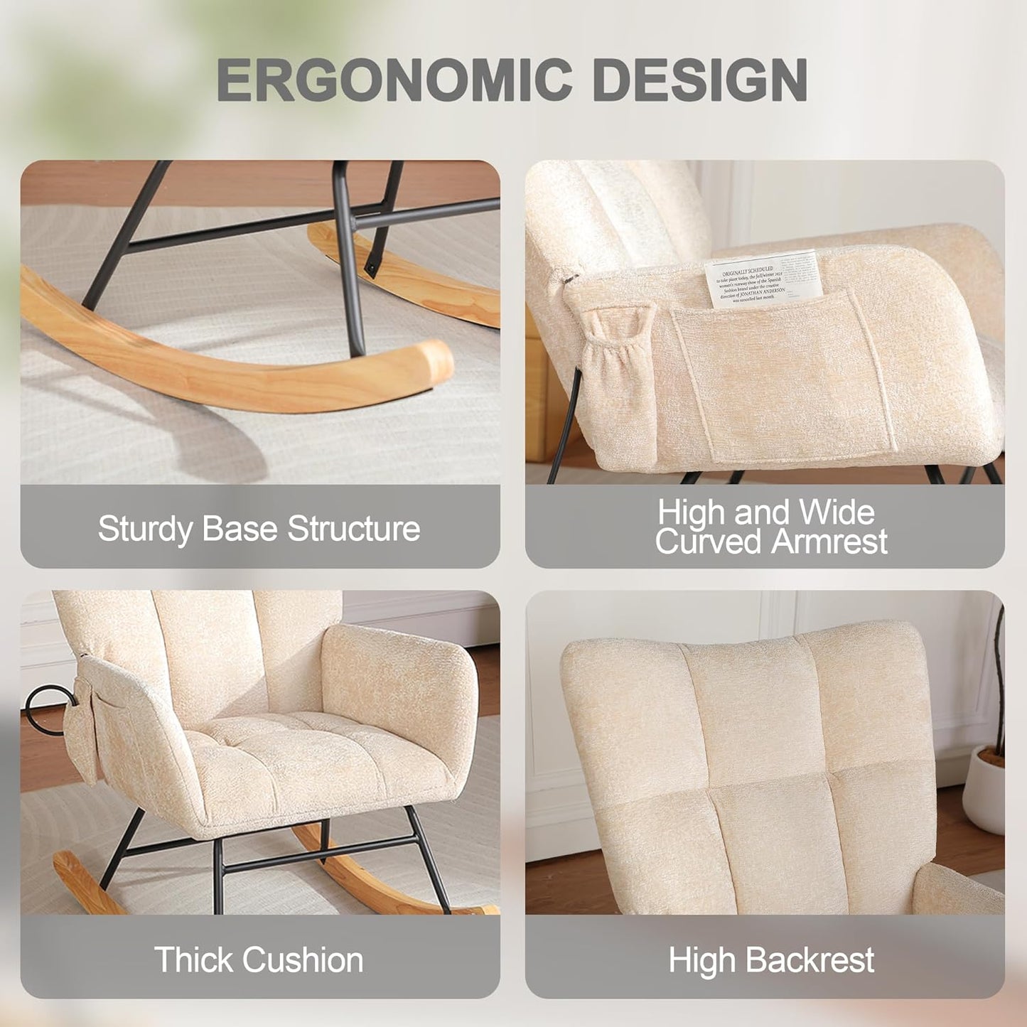 Rocking Chair Nursery with Airbag, Comfy Modern Nursery Rocking Reading Chair indoor with Footrest, Cozy Upholstered Glider Rocker Chairs for Living Room Bedroom Offices(Chenille, Dark Grey)