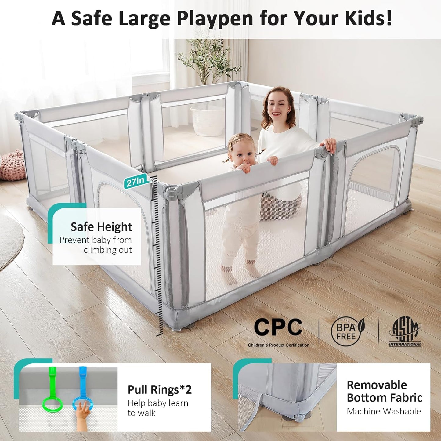 Doradotey Baby Playpen, Shape &Size Adjustable Large Baby Playard for Babies and Toddlers, Foldable Playpen Fence Indoors Play Center Yards, Breathable Mesh Anti-Fall Play Pen 79x71, Cream